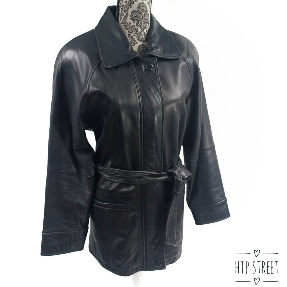 VALERIE STEVENS Jacket Zip Front Lambskin Leather Belted Coat S